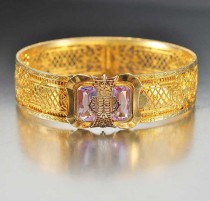 wedding photo - Alexandrite Art Deco Bracelet, Gold Filigree Bangle, Purple Blue Cuff Bracelet, Antique Jewelry, Art Deco Jewelry, Bridal Bracelet JJ White