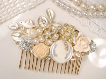 wedding photo - Vintage Shades of Ivory Pearl, Rhinestone & Cameo Gold Bridal Hair Comb, Collage Hairpiece Wedding Accessory, Rustic Chic Country Headpiece