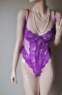 wedding photo - Vintage Sheer Lace Thong Purple Teddy - by Designs by Faris Style - Small