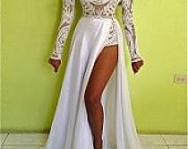 wedding photo - GISELLE Custom Ivory Sheer Bodysuit & Crystal Belt Full Silk Chiffon Skirt Layered Gown Dress