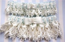 wedding photo - Garters, Wedding Garter, Weddings, Wedding Garter Set, Ivory Venice Lace with Blue Bride Garter Set