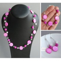 wedding photo - Bright Pink Jewellery Set - Fuchsia Floating Pearl Necklace, Bracelet and Drop Earrings - Hot Pink Bridal Party Gifts - Magenta Bridesmaids