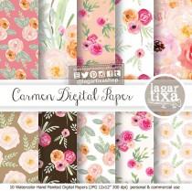wedding photo - Shabby Chic, Roses, Watercolor, Digital Paper, Florals, wedding flowers, patterns, bouquet, background, bridal shower, for blog banner