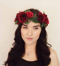 wedding photo - Red Rose Berry Leaf Floral Crown - Floral Headband, Flower Crown, Floral Wreath, Wreath, Wedding, Bridal, Festival