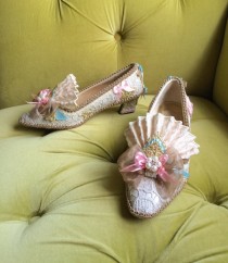 wedding photo - Marie Antoinette Costume Shoes Rococo Baroque Fashion Fantasy Pink Blue Ivory Lace Heels Shoe Bridal Shoes Gold Appliqué Pearls Wedding Heel