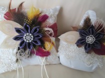 wedding photo - RESERVED for STACEY VANDENADEL-- Autumn Inspiration Wedding Ring Pillow & Flower Girl Basket, Peacock Feathers, Rustic Feathers