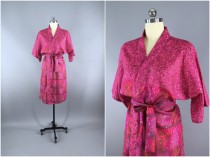 wedding photo - Silk Robe / Silk Sari Robe / Silk Kimono Robe / Vintage Indian Sari / Dressing Gown Wedding Lingerie / Boho Bohemian / Pink Floral Print