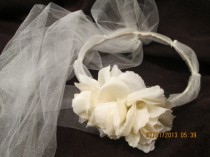 wedding photo - Ivory bridal head piece - hair wreath with tulle - ivory bridal hair wreath - flower girl hair wreath -
