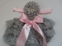 wedding photo - Grey and Pink Baby Lace Bloomer Set, Lace Baby Bloomers, Baby Diaper Cover, Lace Petti Romper,Baby Bloomers,Baby Headband, Newborn Bloomers