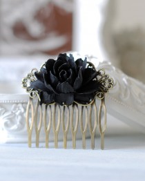 wedding photo - Black Rose Flower Hair Comb. Goth Gothic Hair Accessory, Black Wedding Bridal Hair Comb, Gothic Wedding Hair Accessory, Holloween