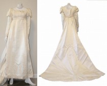 wedding photo - Opulent 60s Vintage Renaissance Style Satin Wedding Dress, Train & Veil