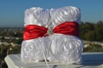 wedding photo - Red and White Ring Pillow-White rosette Ring Pillow with Red sash and crystal bling center