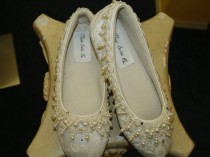 wedding photo - Wedding Ivory Flat Shoes Dangling pearls, and crystals adorn these beautiful shoes.