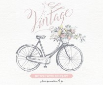 wedding photo - Vintage bicycle with floral bouquet clipart / Wedding invitation clip art graphics / commercial use / rustic / CM0062a