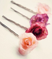 wedding photo - Pink Flower Bobby Pin Set, Floral Bridal Hair Clips, Rose Bobbies - GUMDROPS