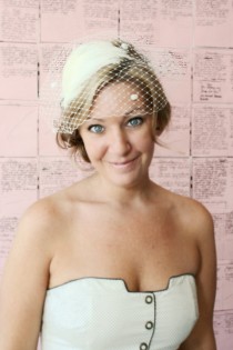 wedding photo - Bridal Birdcage Veil with Chenille Dots in the Bandeau Style - Cream Ivory - Free Feather Fascinator with Purchase