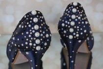 wedding photo - Custom Wedding Shoes -- Navy Blue Platform Peep Toe Wedding Shoes with Navy and Gold Crystal and Pearl Starburst