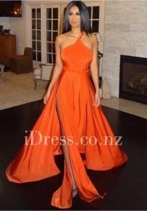 wedding photo -  High Slit Orange One-shoulder Sleeveless Long Prom Dress