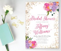 wedding photo - Printable Bridal Shower Invitation, Pink and Gold Glitter Bridal Shower, Watercolor Floral Bridal Shower Invitation, Customizable Any Event
