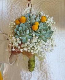 wedding photo - Set of Triple succulent bouquet and matching boutonniere
