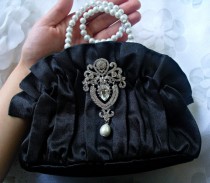 wedding photo - Bridal handbag, black purse, bridal clutch, wedding purse, bridal satin purse, bridesmaid purse, wedding clutch, rhinestone brooch, vintage