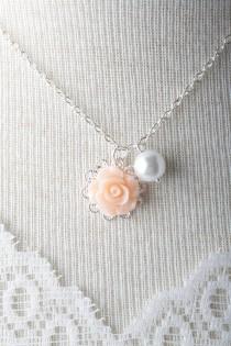 wedding photo - Peach rose flower girl necklace - white pearl girl necklace - girl jewelry - flower and pearls necklace - peach wedding -flower girl jewelry