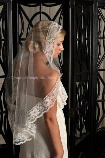 wedding photo - Lace Mantilla Veil, Floral Lace Trim - Mantilla Wedding Veil Fingertip Length - LIGHT IVORY, Ready to Ship
