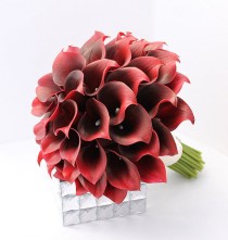 wedding photo - Red Bridal Bouquet Dark Red Calla Lily Bouquet Real Touch Mini Calla Lillies Red Christmas Winter Wedding Bouquet Flowers
