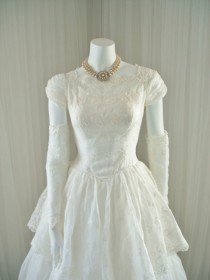 wedding photo - 1950 White Wedding Peplum Dress with Ballgown Skirt and Caplets in Unique Linen Chiffon