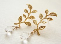 wedding photo - Gold sprig studs, Bridal post earrings, Wedding jewelry laurel branch leaf drop earrings, bridal earrings
