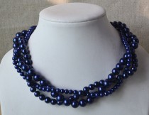 wedding photo - navy blue necklace,3-rows pearl necklaces,wedding necklace,bridesmaids necklace,glass pearl necklaces, pearl necklace,necklace,wedding