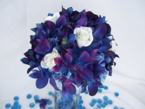 wedding photo - Penny's Bridal Bouquet Off White Closed Roses, Blue Violet Dendrobium Orchids,Blue Hydrangeas,Singapore,Galaxy