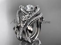 wedding photo -  14kt white gold diamond leaf and vine engagement ring with "Forever Brilliant" Moissanite center stone and double matching band ADLR369S