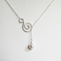 wedding photo - Bridal Necklace, Sterling Silver Pearl Necklace, Lariat Necklace, Hammered Silver Necklace, Swirl Necklace, Mom Necklace, Wedding Necklace