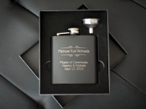 wedding photo - 8 Personalized Groomsmen Gifts - EIGHT Custom Engraved Black Flasks Gift Sets