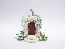 wedding photo - White and silver wedding cake topper 2 peacocks sitting on the arch of a rose gate handmade from polymer clay
