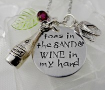 wedding photo - Wine In My Hand Stamped Beach Necklace or Bangle Bracelet - Toes In the Sand Girl - Cruise Jewelry - Ocean