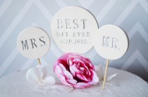 wedding photo - PERSONALIZED Round Best Day Ever Wedding Cake Topper with Mr. and Mrs. Toppers