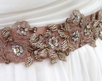 wedding photo - Beaded Lace Bridal Sash In Bronze And Gold, Wedding Dress Sash, Bridal Belt, Rustic Wedding