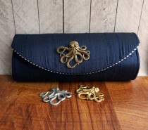 wedding photo - Octopus clutch, navy blue clutch bag with bronze, silver, or gold octopus, silk clutch, bridesmaid clutch, nautical wedding