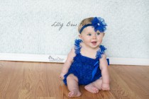 wedding photo - SET-Royal Blue Lace Petti Romper-Lace Headband-Baby Girl Clothes-Preemie-Newborn-Infant-Child-Toddler-Baptism-Wedding-Flower Girl Dress-Chic