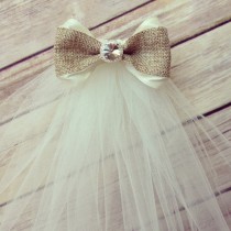 wedding photo - Burlap and ribbon bow veil with rhinestone center- bridal shower/ bachelorette party veil