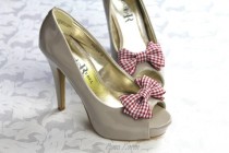 wedding photo - Dark Red Gingham Shoe Clips, Red & White Bow Shoe Bows, Dark Red Retro Rockabilly Pin Up Girl Bow Clip Shoes