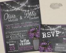 wedding photo -  Rustic Mason Jar Wedding Invitation Suite - Summer Barn Wedding Invite w/ String Lights, & Purple Peonies - Digital or Printed