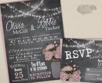 wedding photo -  Rustic Mason Jar Wedding Invitation, Blush Chalkboard Wedding Invite Printable