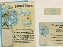wedding photo -  Rustic Mason Jar Wedding Invitation, Spring Country Printable Wedding Invite Blue