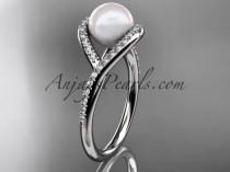 wedding photo -  14kt white gold diamond pearl unique engagement ring, wedding ring AP383
