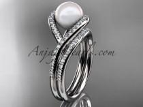 wedding photo -  platinum diamond pearl unique engagement set, wedding ring AP383S