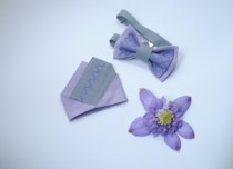 wedding photo -  Matching pocket square and bow tie Grey lilac Pretied bow tie Pre folded pocket square Men's bowtie Groom Wedding accessories for groomsmen