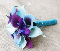wedding photo - Silk Flower Wedding Bouquet - Purple Blue Calla Lilies and Orchids Natural Touch Silk Bridal Bouquet